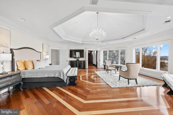 Bedroom, Chandelier, Interior, Recessed Lighting, Wood Texture Flooring