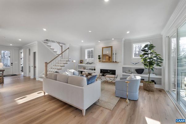 Fireplace, Interior, Living room, Recessed Lighting, Wood Texture Flooring