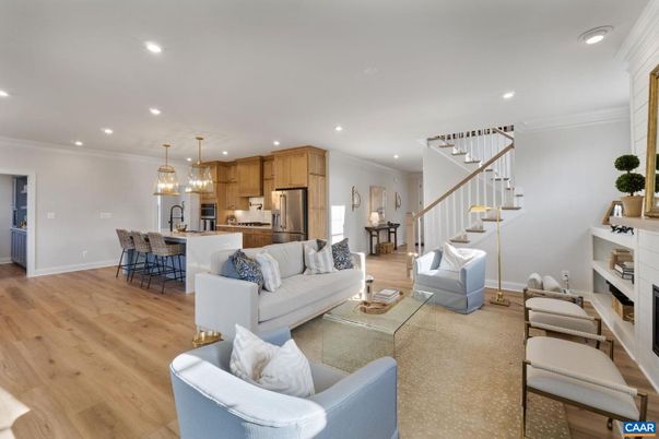 Dining room, Interior, Kitchen, Living room, Pendant Lights, Recessed Lighting, Stainless Steel Appliances, Wood Texture Flooring
