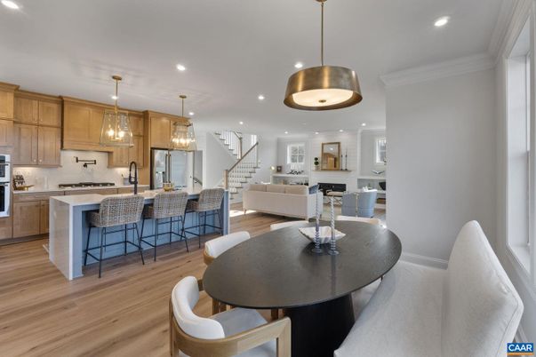 Dining room, Interior, Kitchen, Living room, Pendant Lights, Recessed Lighting, Stainless Steel Appliances, Wood Texture Flooring