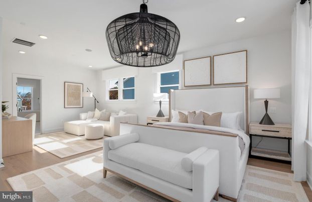 Bedroom, Chandelier, Interior, Living room, Recessed Lighting, Wood Texture Flooring
