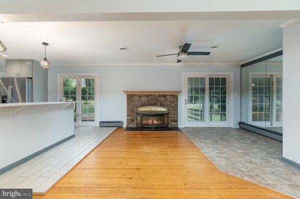 Fireplace, Interior, Kitchen, Pendant Lights, Wood Texture Flooring