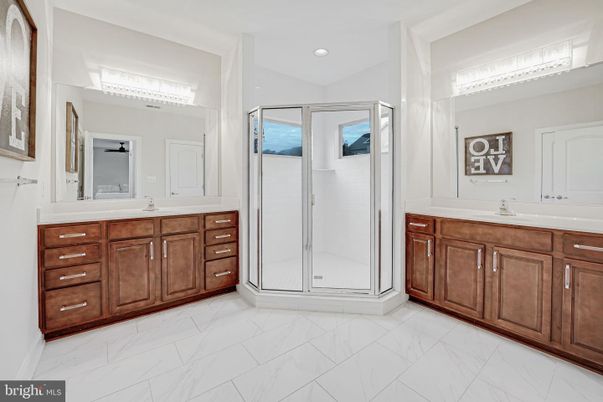 Bathroom, Dual Sink Vanities, Glass Shower, Interior, Marble, Recessed Lighting