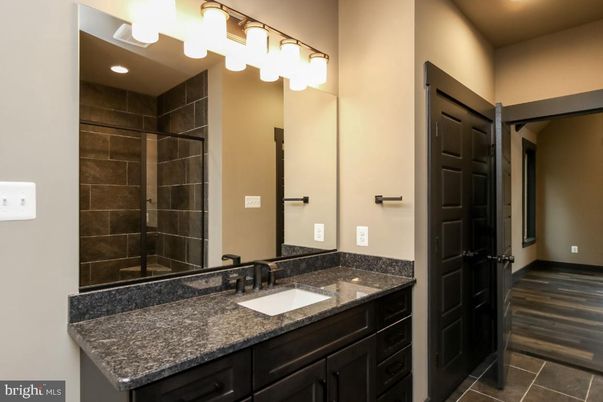 Bathroom, Dual Sink Vanities, Interior, Recessed Lighting, Wood Texture Flooring