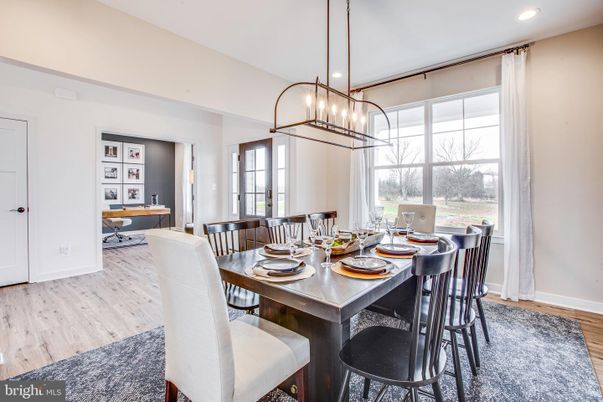 Dining room, Interior, Pendant Lights, Recessed Lighting, Wood Texture Flooring