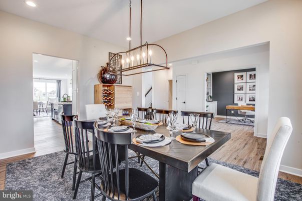 Dining room, Interior, Pendant Lights, Recessed Lighting, Wood Texture Flooring