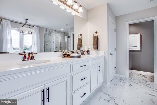Bathroom, Dual Sink Vanities, Glass Shower, Interior, Marble, Recessed Lighting