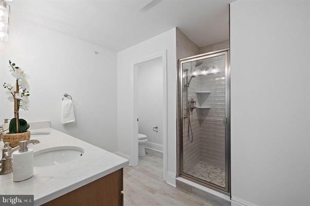 Bathroom, Glass Shower, Interior, Wood Texture Flooring