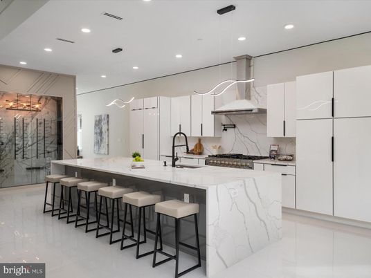 Interior, Kitchen, Marble, Marble Walls, Pendant Lights, Recessed Lighting, Stainless Steel Appliances
