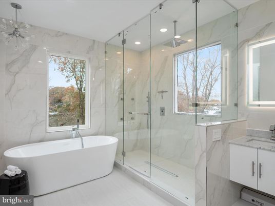 Bathroom, Free Standing Baths, Glass Shower, Interior, Marble Walls, Recessed Lighting