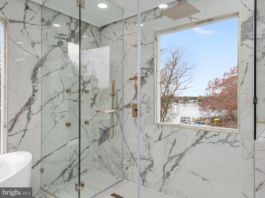 Bathroom, Glass Shower, Interior, Marble Walls, Recessed Lighting
