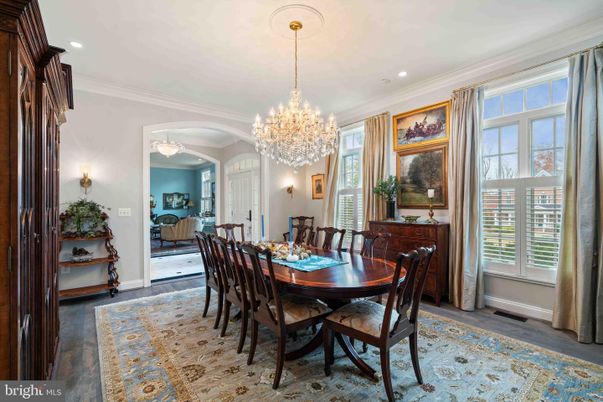 Chandelier, Dining room, Interior, Recessed Lighting, Wood Texture Flooring