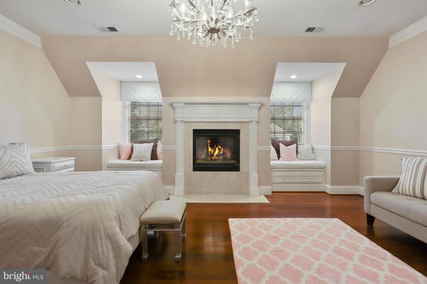 Bedroom, Chandelier, Fireplace, Interior, Recessed Lighting, Wood Texture Flooring