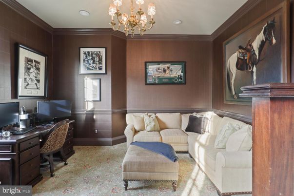 Chandelier, Home Office, Interior, Recessed Lighting, Wooden Walls