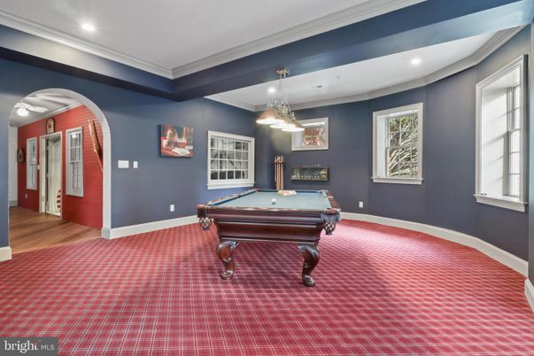 Billiard Table, Game Room, Interior, Pendant Lights, Recessed Lighting, Wood Texture Flooring