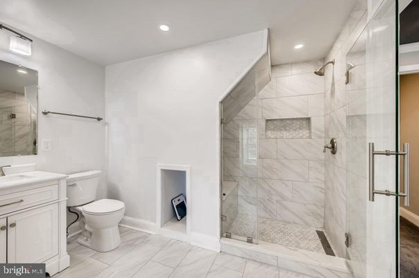 Bathroom, Glass Shower, Interior, Marble, Marble Walls, Recessed Lighting