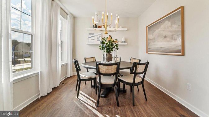 Dining room, Interior, Pendant Lights, Wood Texture Flooring