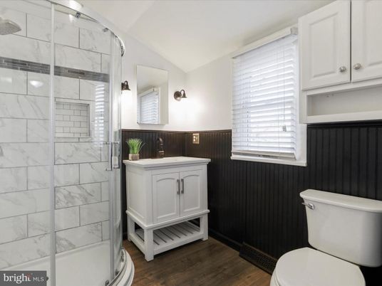 Bathroom, Glass Shower, Interior, Marble Walls, Wood Texture Flooring