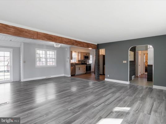 Empty room, Interior, Kitchen, Stainless Steel Appliances, Wood Texture Flooring