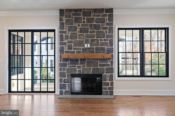 Empty room, Fireplace, Interior, Stone Walls, Wood Texture Flooring