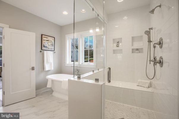 Bathroom, Free Standing Baths, Glass Shower, Interior, Marble, Recessed Lighting