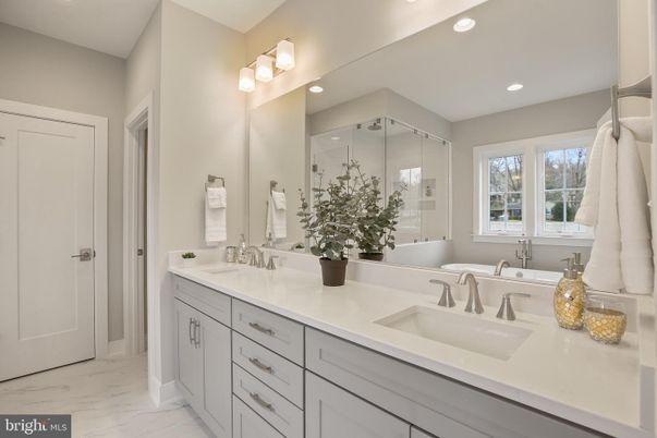 Bathroom, Dual Sink Vanities, Glass Shower, Interior, Marble, Recessed Lighting