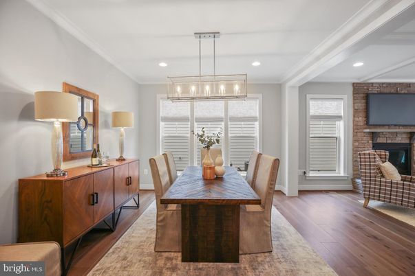 Dining room, Fireplace, Interior, Pendant Lights, Recessed Lighting, Stone Walls, Wood Texture Flooring
