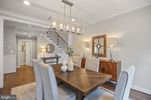 Dining room, Interior, Pendant Lights, Recessed Lighting, Wood Texture Flooring