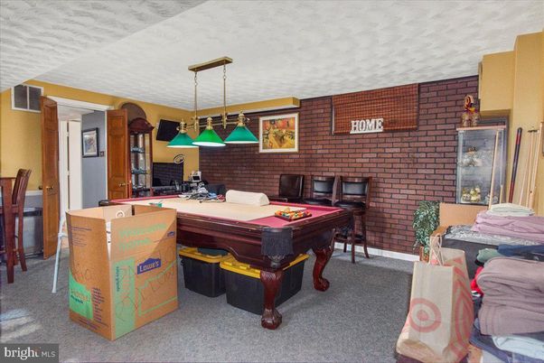 Billiard Table, Game Room, Interior, Pendant Lights, Stone Walls