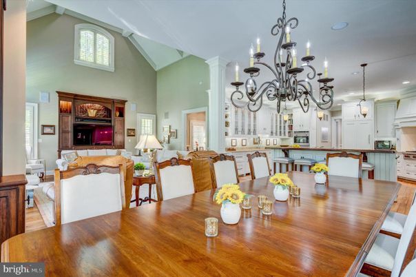 Chandelier, Dining room, Interior, Kitchen, Living room, Pendant Lights, Recessed Lighting, Wood Texture Flooring