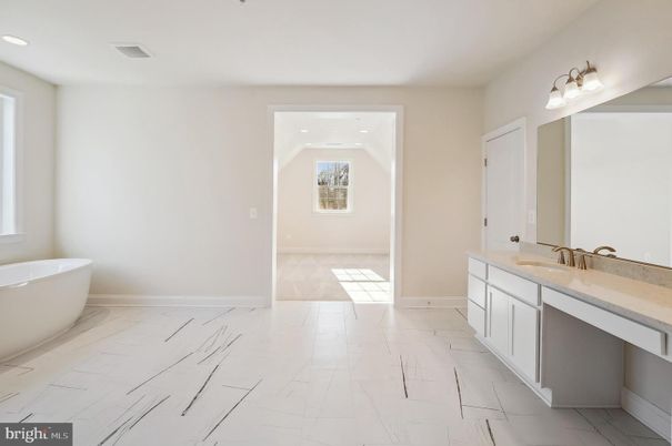 Bathroom, Dual Sink Vanities, Free Standing Baths, Interior, Marble, Recessed Lighting