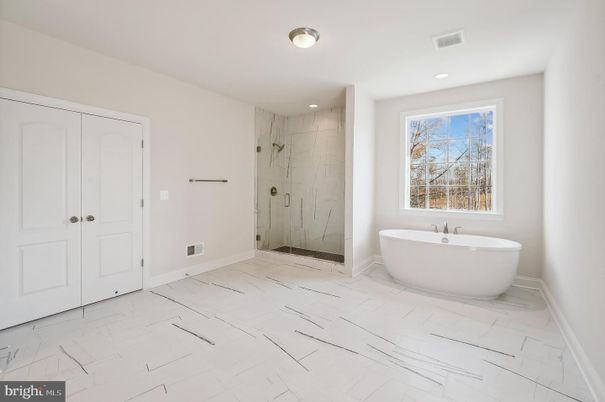 Bathroom, Free Standing Baths, Glass Shower, Interior, Marble, Marble Walls, Recessed Lighting