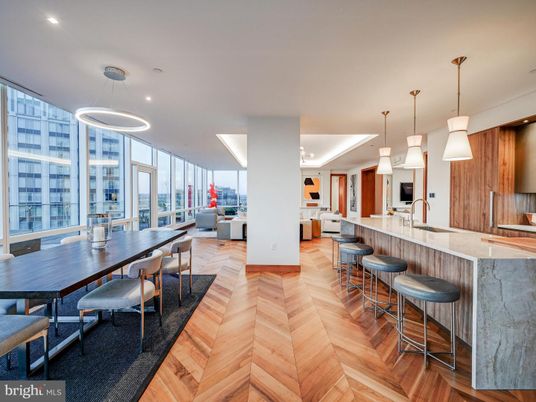 Dining room, Interior, Kitchen, Pendant Lights, Recessed Lighting, Wood Texture Flooring