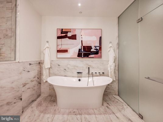 Bathroom, Free Standing Baths, Glass Shower, Interior, Marble, Marble Walls, Recessed Lighting