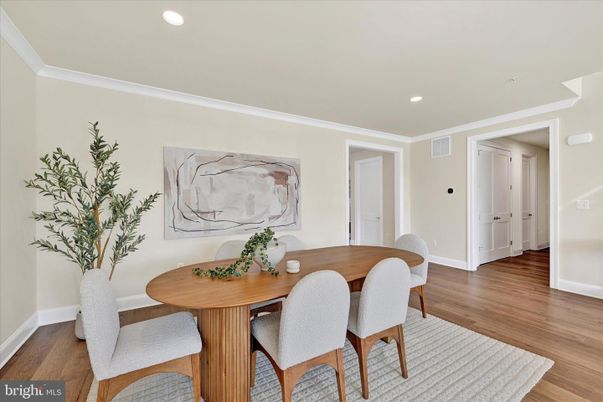 Dining room, Interior, Recessed Lighting, Wood Texture Flooring