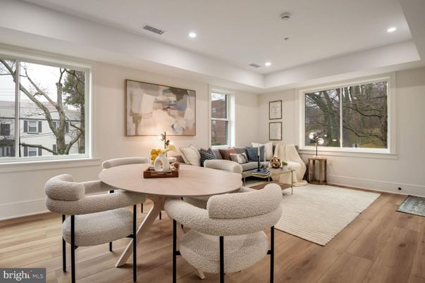 Dining room, Interior, Living room, Recessed Lighting, Wood Texture Flooring