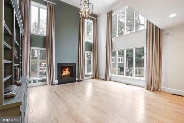 Empty room, Fireplace, Interior, Pendant Lights, Recessed Lighting, Wood Texture Flooring
