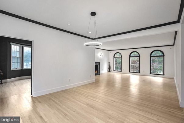 Empty room, Fireplace, Interior, Pendant Lights, Recessed Lighting, Wood Texture Flooring