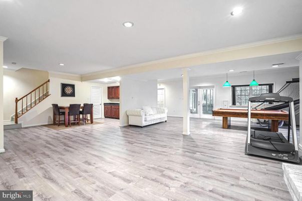 Billiard Table, Dining room, Game Room, Interior, Pendant Lights, Piano, Recessed Lighting, Wood Texture Flooring