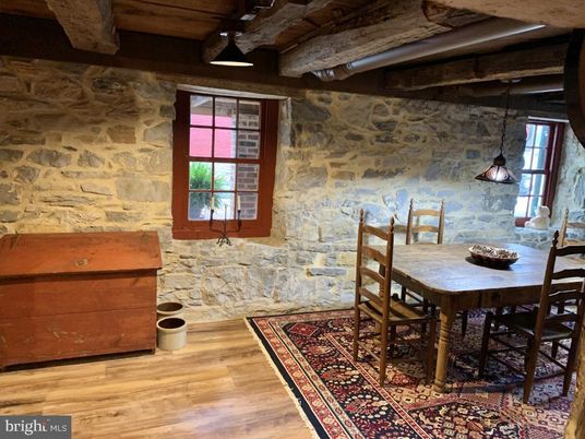 Dining room, Interior, Pendant Lights, Stone Walls, Wooden Beams, Wooden Ceilings, Wood Texture Flooring