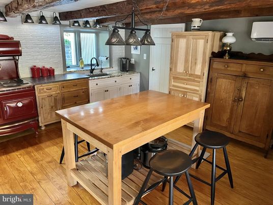 Interior, Kitchen, Pendant Lights, Stone Walls, Wooden Beams, Wood Texture Flooring