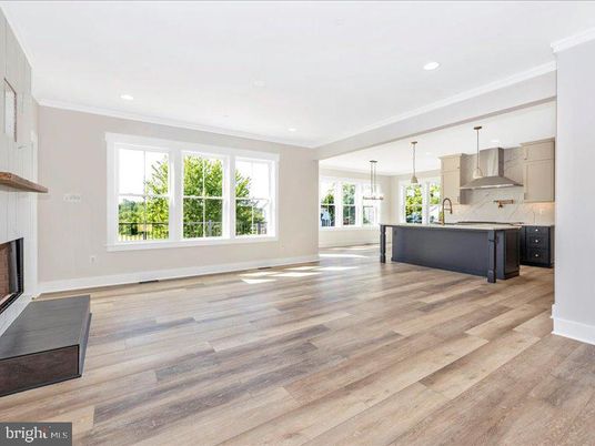 Fireplace, Interior, Kitchen, Pendant Lights, Recessed Lighting, Wood Texture Flooring