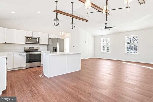Interior, Kitchen, Pendant Lights, Recessed Lighting, Stainless Steel Appliances, Wooden Beams, Wood Texture Flooring