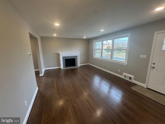 Empty room, Fireplace, Interior, Recessed Lighting, Wood Texture Flooring
