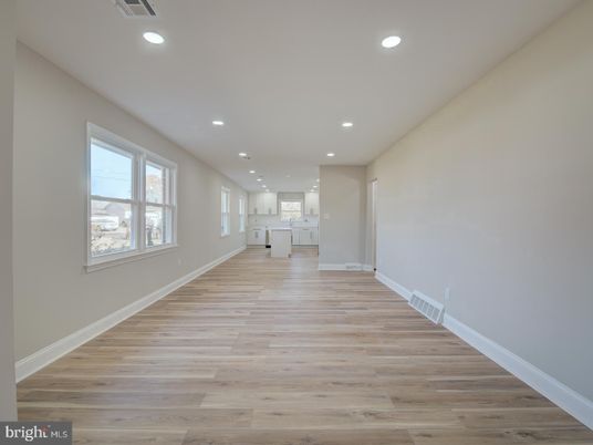 Empty room, Interior, Kitchen, Recessed Lighting, Wood Texture Flooring