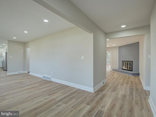 Empty room, Fireplace, Interior, Recessed Lighting, Wood Texture Flooring