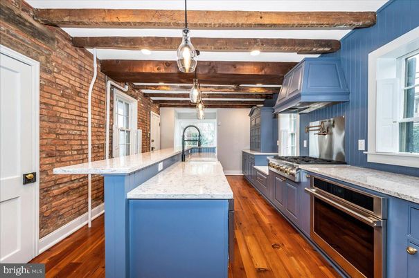 Interior, Kitchen, Pendant Lights, Stainless Steel Appliances, Stone Walls, Wooden Beams, Wood Texture Flooring