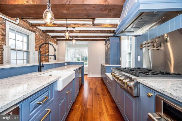 Interior, Kitchen, Pendant Lights, Stainless Steel Appliances, Stone Walls, Wooden Beams, Wooden Ceilings, Wood Texture Flooring
