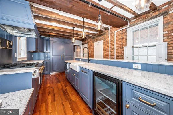 Interior, Kitchen, Pendant Lights, Stainless Steel Appliances, Stone Walls, Wooden Beams, Wooden Ceilings, Wood Texture Flooring