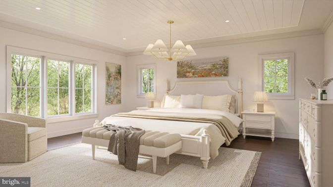 Bedroom, Chandelier, Interior, Recessed Lighting, Wood Texture Flooring